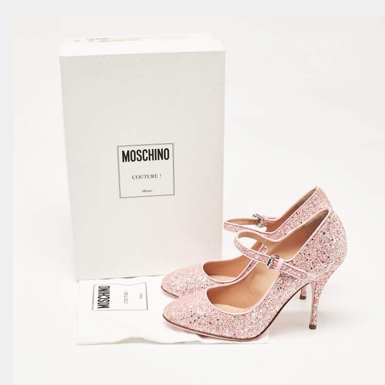Pre Owned Moschino Pink Glitter and Patent Leather Mary Jane Pumps Size 38