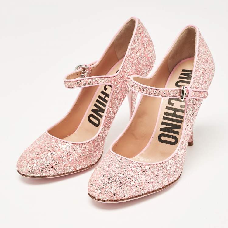 Pre Owned Moschino Pink Glitter and Patent Leather Mary Jane Pumps Size 38