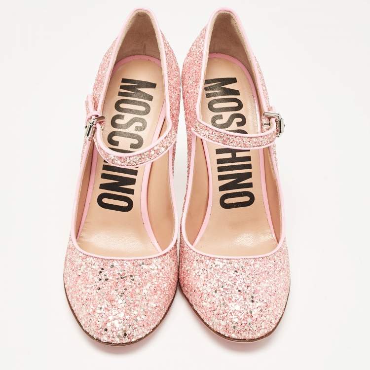 Pre Owned Moschino Pink Glitter and Patent Leather Mary Jane Pumps Size 38