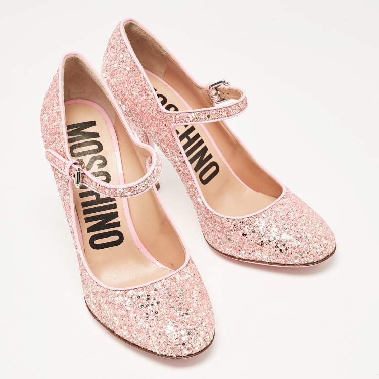 Pre Owned Moschino Pink Glitter and Patent Leather Mary Jane Pumps Size 38