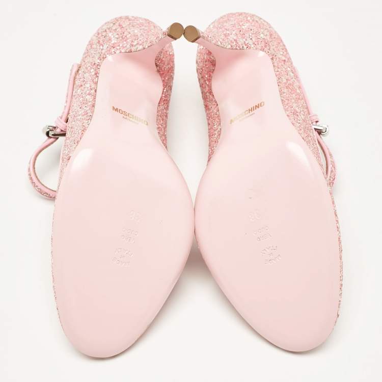 Pre Owned Moschino Pink Glitter and Patent Leather Mary Jane Pumps Size 38