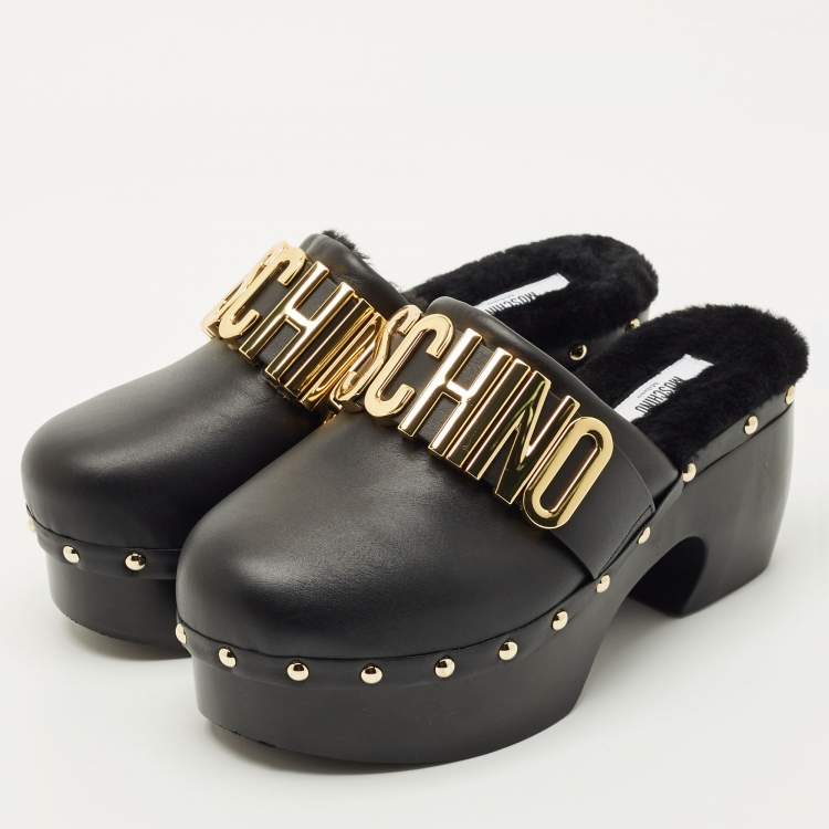 Pre Owned Moschino Black Leather Logo Clogs Size 37