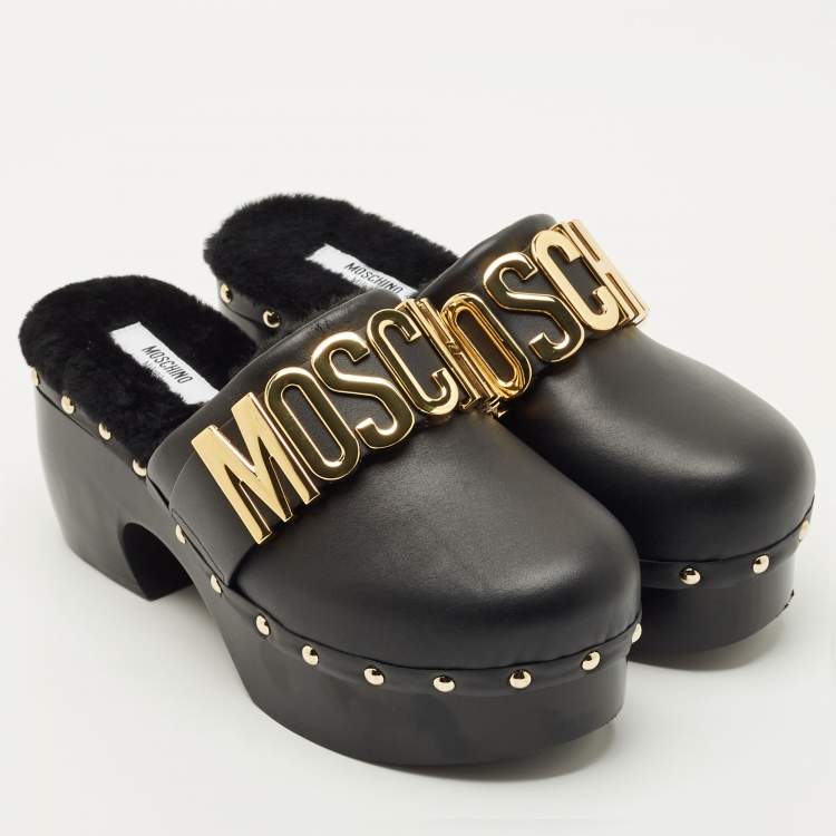 Pre Owned Moschino Black Leather Logo Clogs Size 37