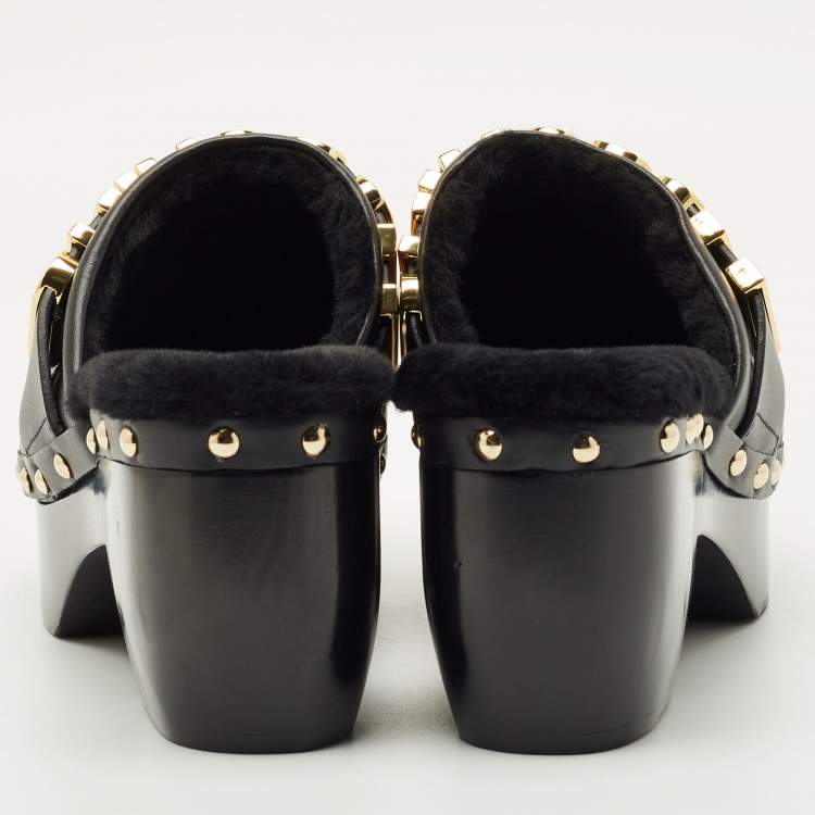 Pre Owned Moschino Black Leather Logo Clogs Size 37
