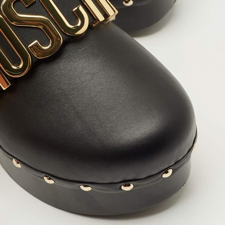 Pre Owned Moschino Black Leather Logo Clogs Size 37