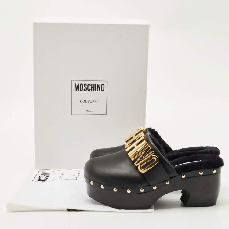 Pre Owned Moschino Black Leather Logo Clogs Size 37