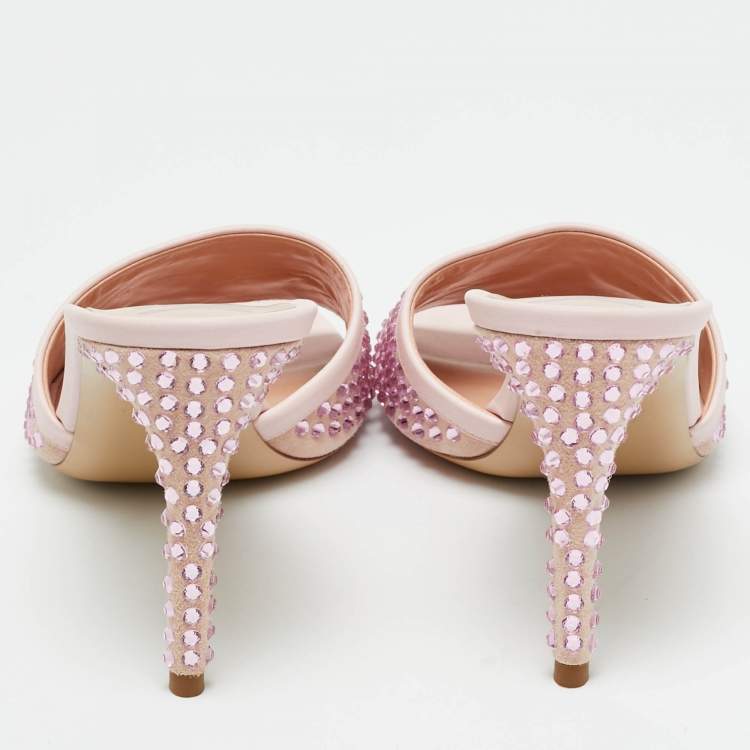 Pre Owned Moschino Pink Leather and Suede Crystal Embellished Slide Sandals Size 40