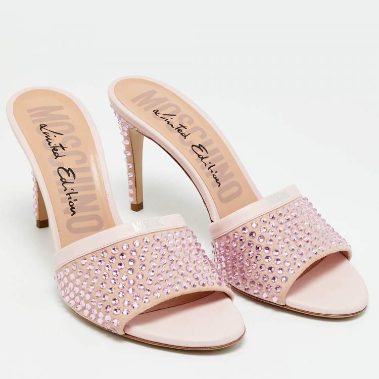 Pre Owned Moschino Pink Leather and Suede Crystal Embellished Slide Sandals Size 40
