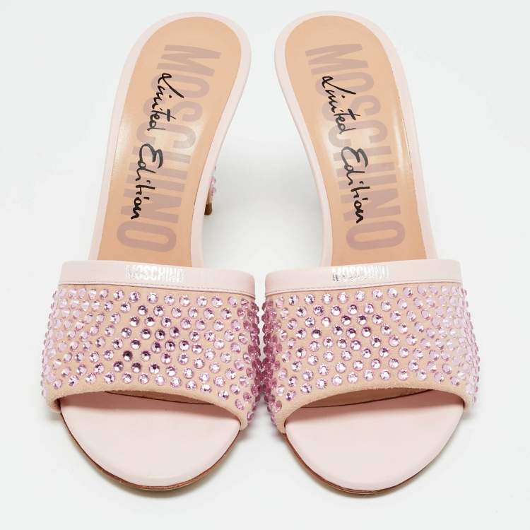Pre Owned Moschino Pink Leather and Suede Crystal Embellished Slide Sandals Size 40