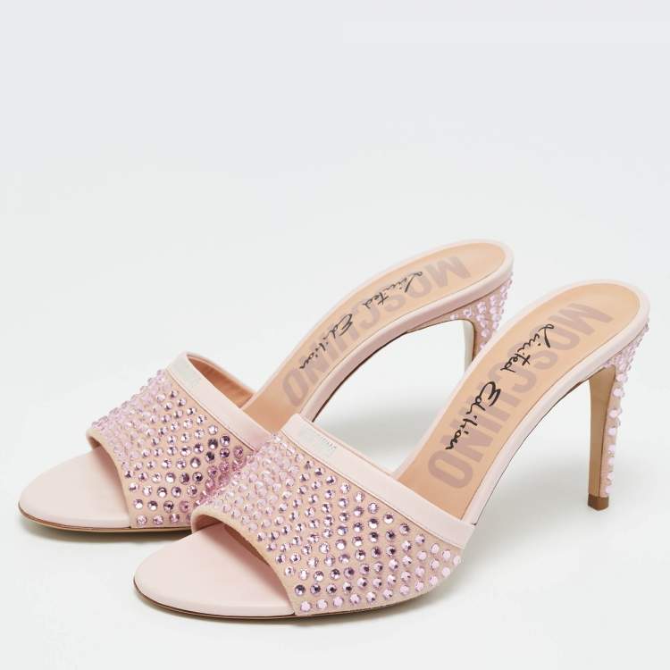 Pre Owned Moschino Pink Leather and Suede Crystal Embellished Slide Sandals Size 40