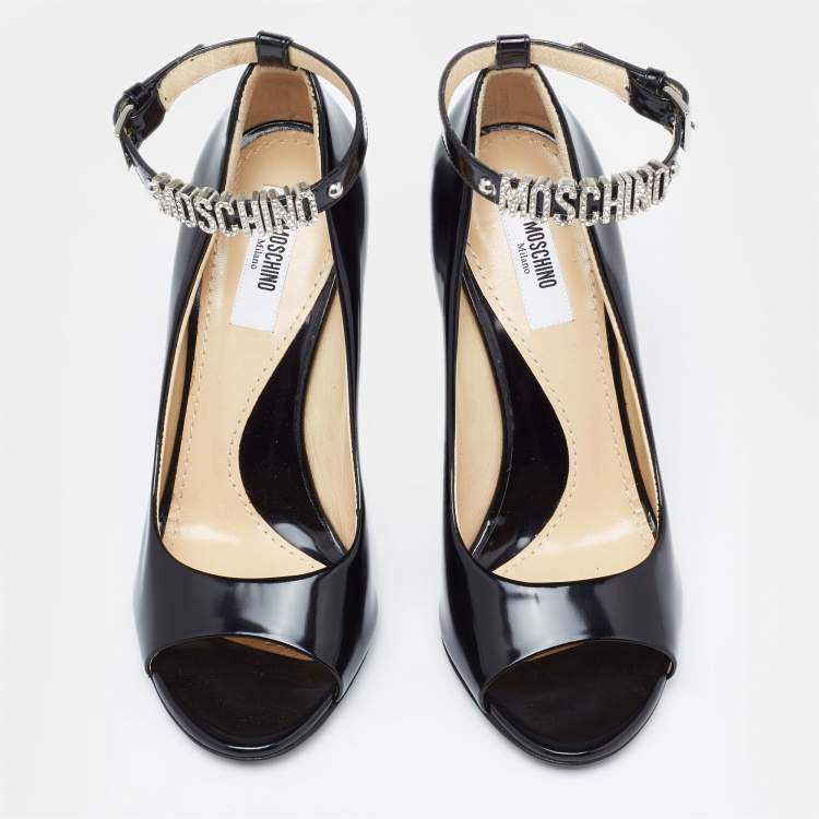 Pre Owned Moschino Black Leather Logo Embellished Open Toe Ankle Strap Pumps Size 36