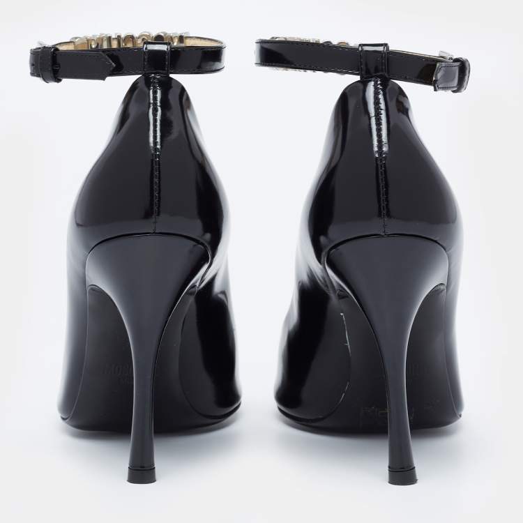 Pre Owned Moschino Black Leather Logo Embellished Open Toe Ankle Strap Pumps Size 36