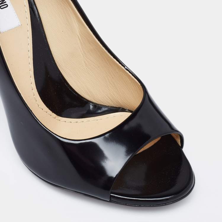 Pre Owned Moschino Black Leather Logo Embellished Open Toe Ankle Strap Pumps Size 36