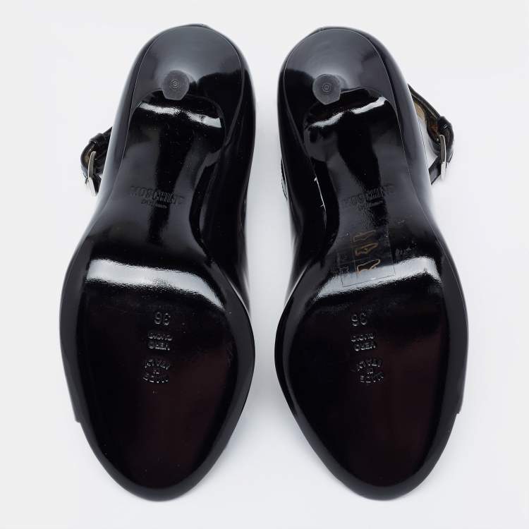 Pre Owned Moschino Black Leather Logo Embellished Open Toe Ankle Strap Pumps Size 36