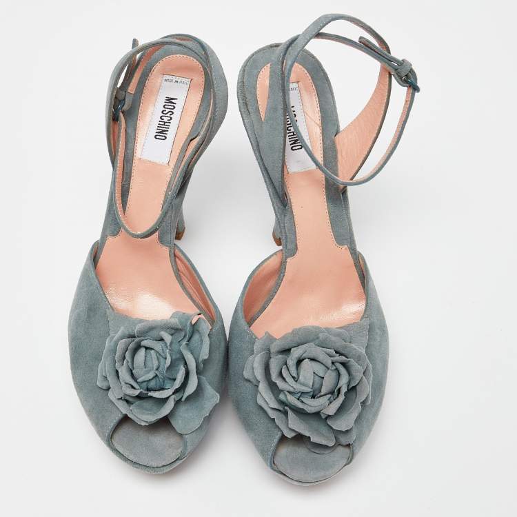 Pre Owned Moschino Grey Suede Flower Applique Platform Ankle Strap Sandals Size 38