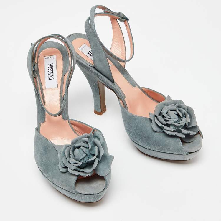 Pre Owned Moschino Grey Suede Flower Applique Platform Ankle Strap Sandals Size 38