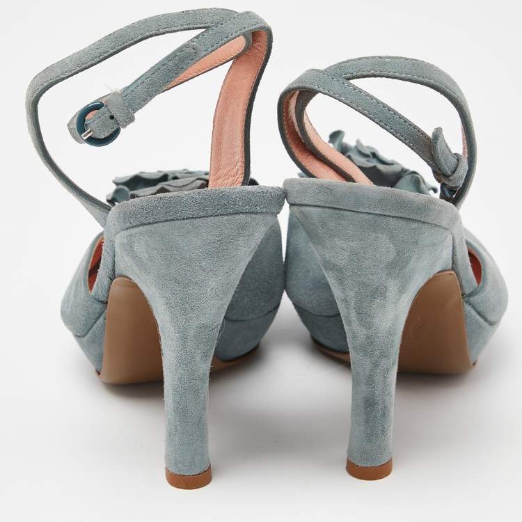 Pre Owned Moschino Grey Suede Flower Applique Platform Ankle Strap Sandals Size 38