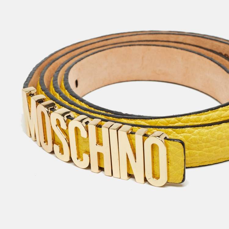 Pre Owned Moschino Yellow Leather Logo Slim Belt 100 CM