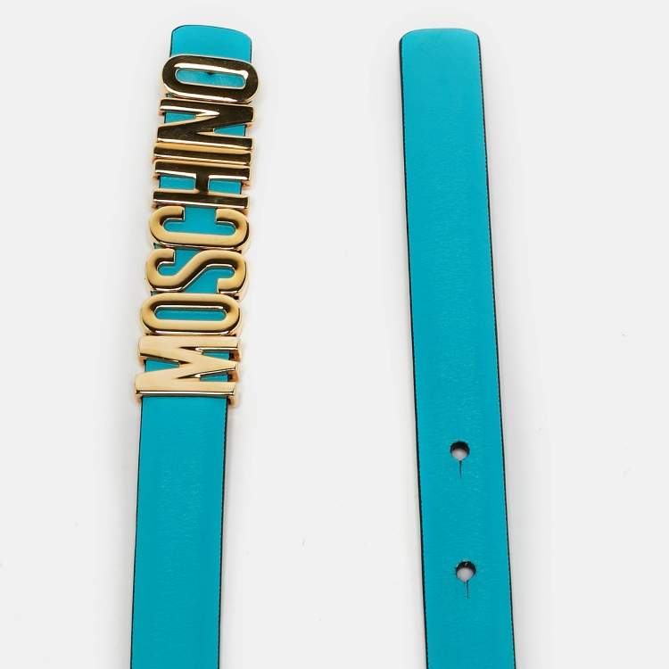 Pre Owned Moschino Turquoise Blue Leather Classic Logo Belt 90 CM