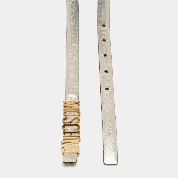 Pre Owned Moschino Gold Leather Classic Logo Slim Belt 95 CM