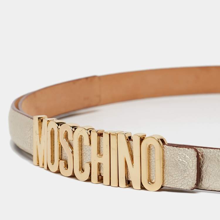 Pre Owned Moschino Gold Leather Classic Logo Slim Belt 95 CM