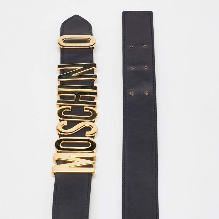 Pre Owned Moschino Black Leather Classic Logo Belt 80CM