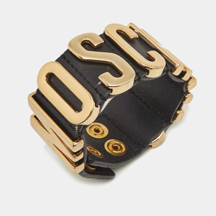 Pre Owned Moschino Black Leather Classic Logo Bracelet 