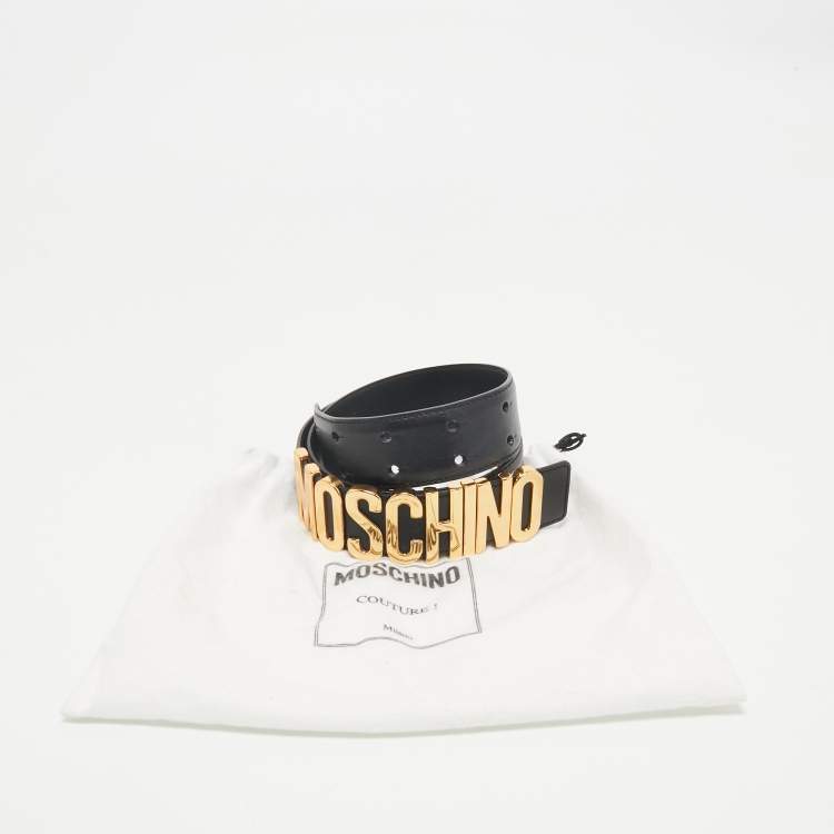 Pre Owned Moschino Black Leather Classic Logo Waist Belt 75CM