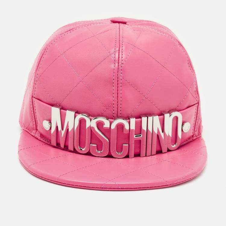 Pre Owned Moschino Pink Quilted Leather Lettering Cap S