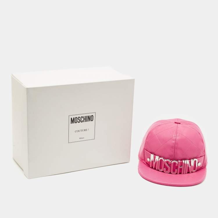 Pre Owned Moschino Pink Quilted Leather Lettering Cap S