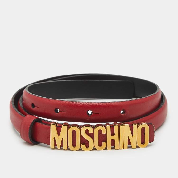 Pre Owned Moschino Red Leather Classic Logo Slim Waist Belt