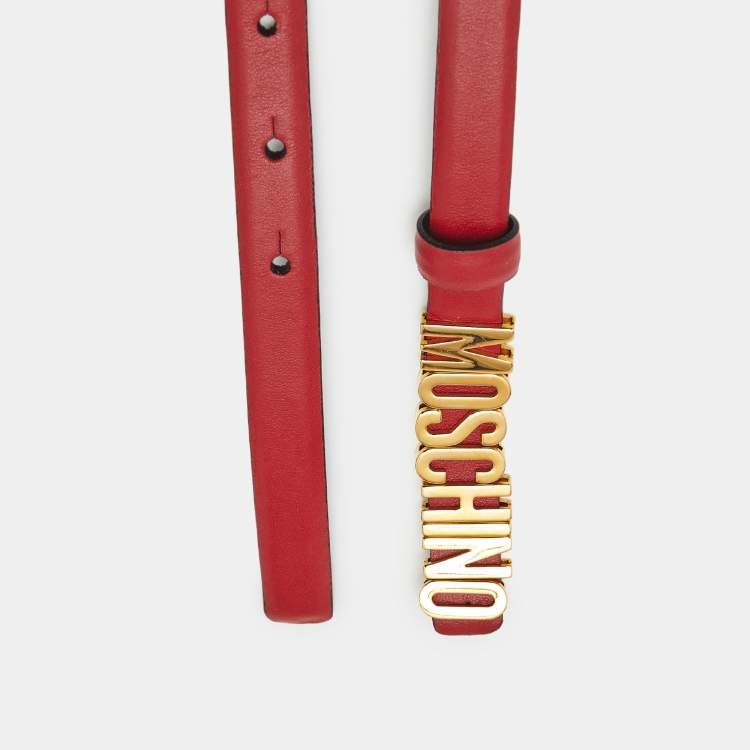 Pre Owned Moschino Red Leather Classic Logo Slim Waist Belt