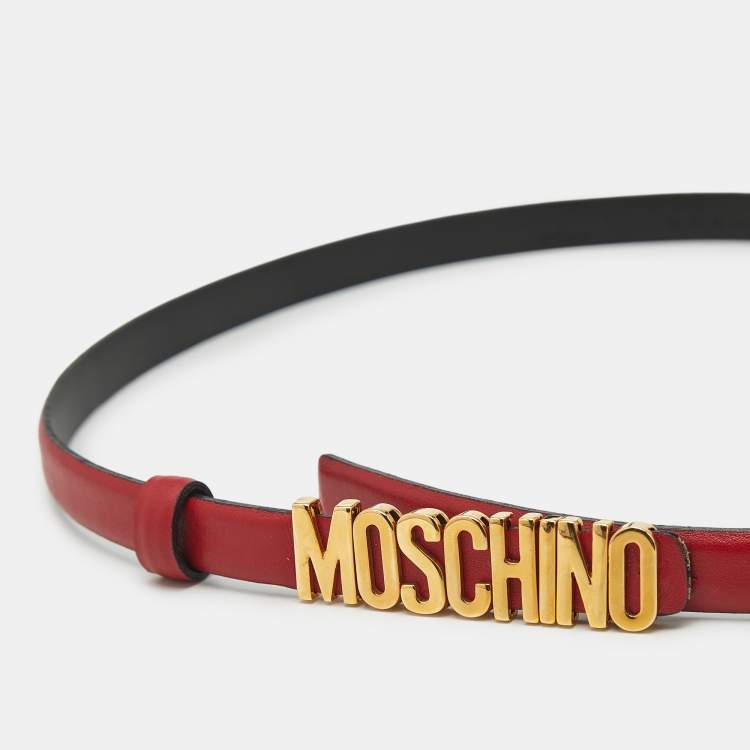 Pre Owned Moschino Red Leather Classic Logo Slim Waist Belt