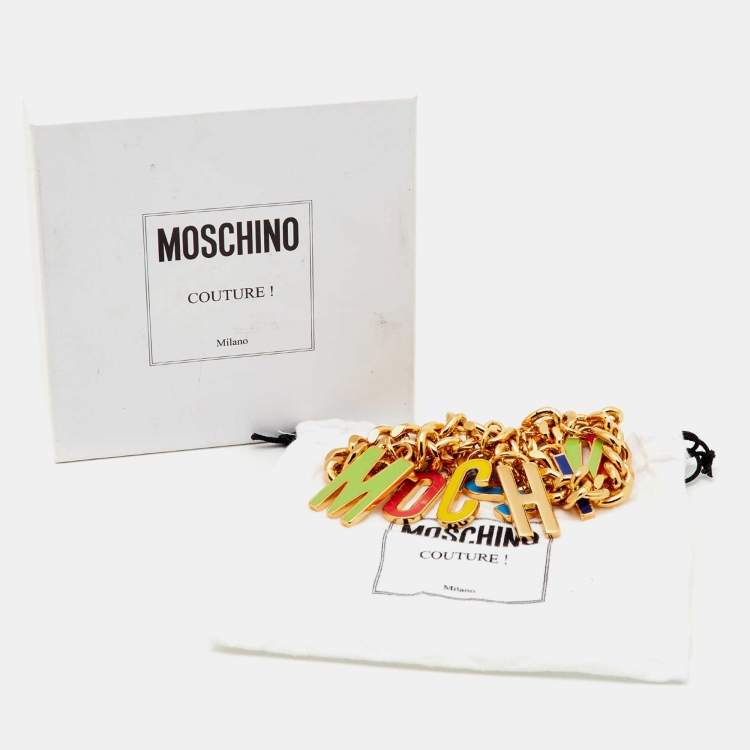 Pre Owned Moschino Multicolor Enameled Logo Charms Curb Gold Tone Chain Necklace