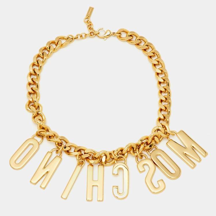 Pre Owned Moschino Multicolor Enameled Logo Charms Curb Gold Tone Chain Necklace