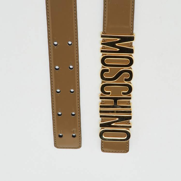 Pre Owned Moschino Khaki Brown Glossy Leather Classic Logo Belt 75CM