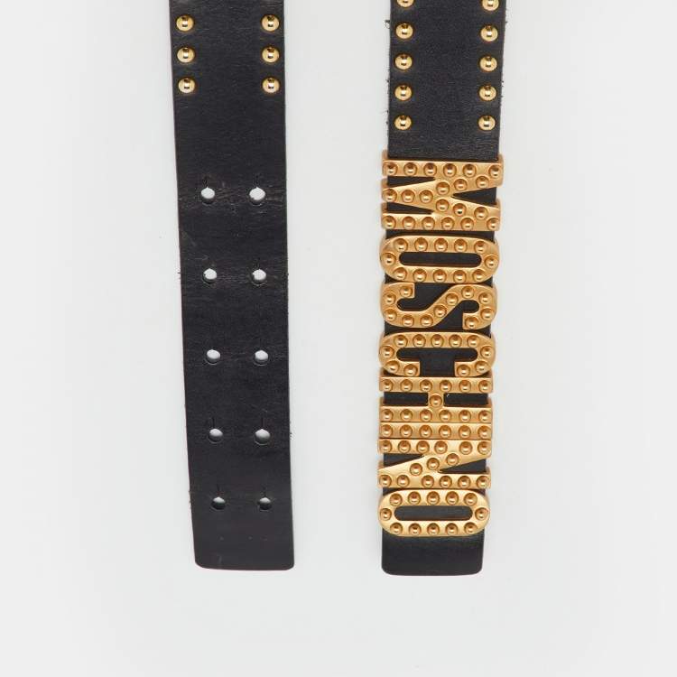 Pre Owned Moschino Black Leather Studded Classic Logo Belt 75CM
