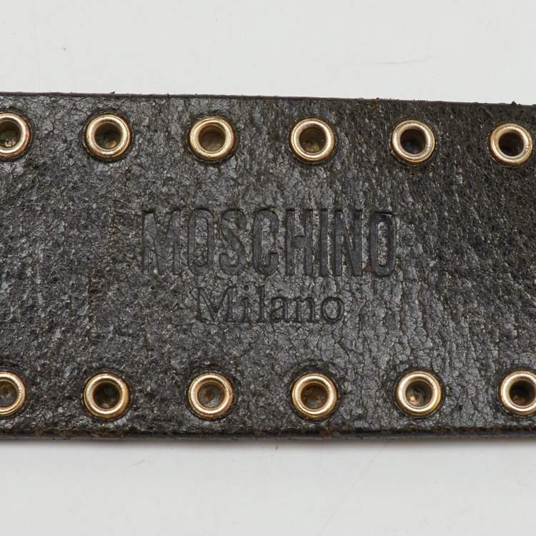 Pre Owned Moschino Black Leather Studded Classic Logo Belt 75CM