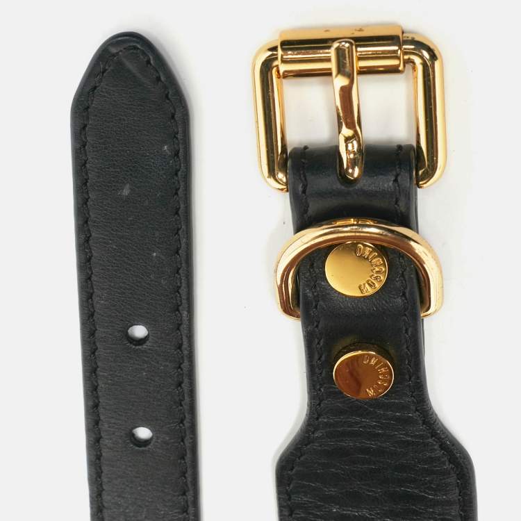 Pre Owned Moschino Black Leather Classic Logo Dog Collar 