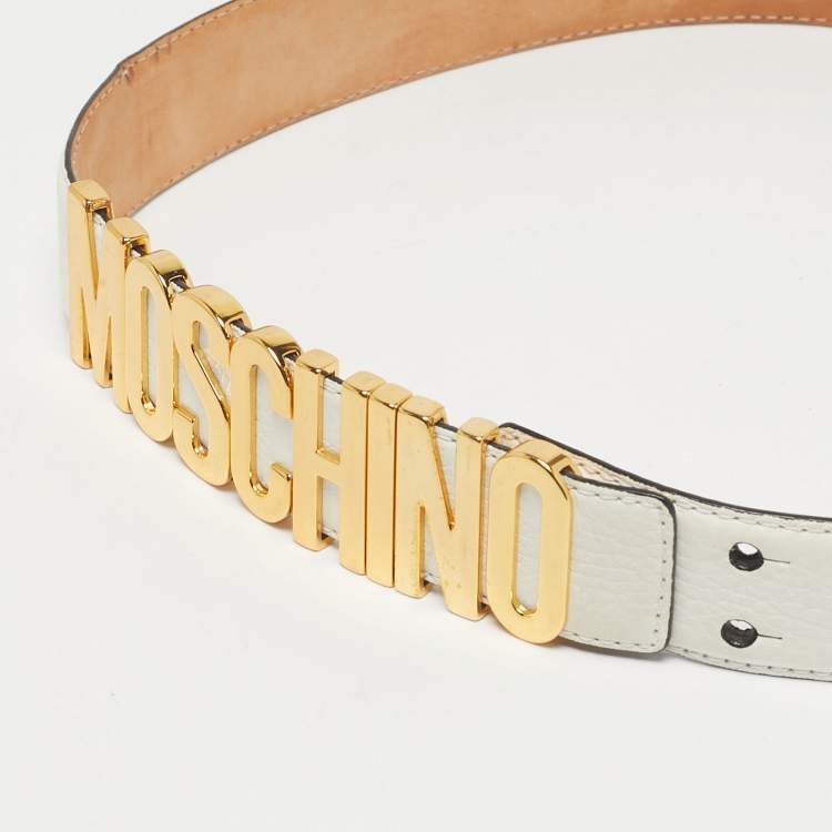 Pre Owned Moschino White Leather Classic Logo Waist Belt