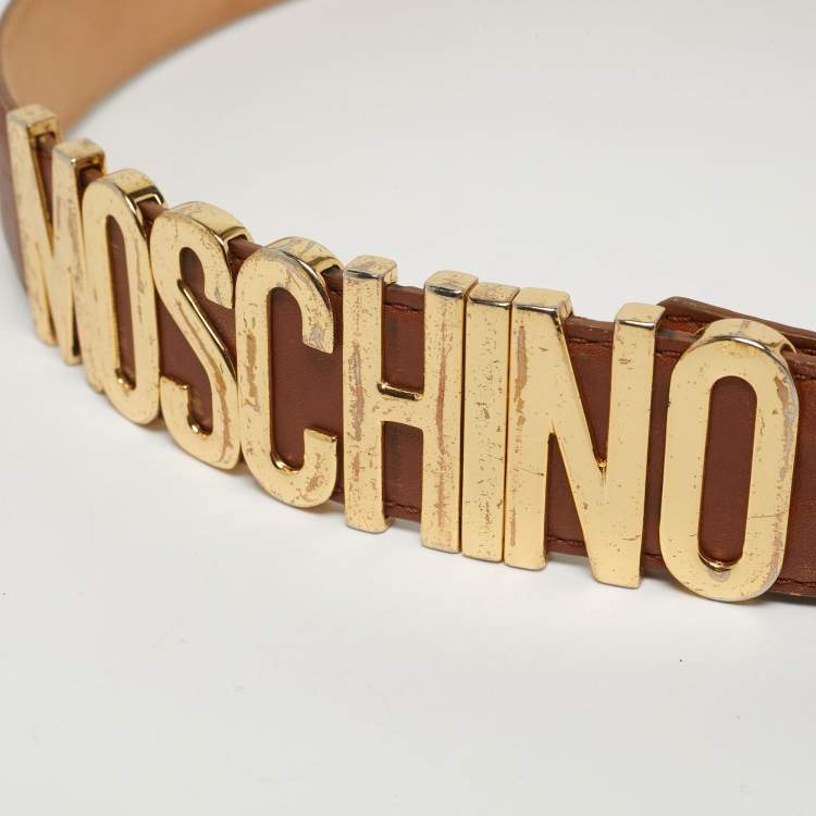 Pre Owned Moschino Brown Leather Classic Logo Waist Buckle Belt