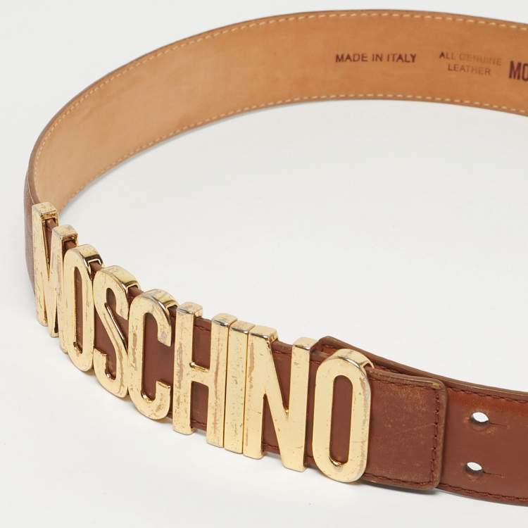 Pre Owned Moschino Brown Leather Classic Logo Waist Buckle Belt