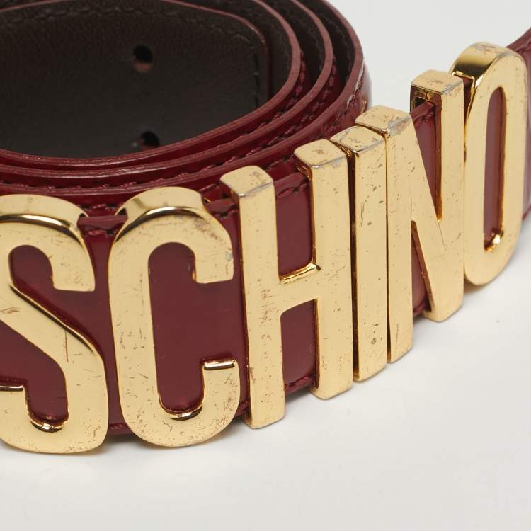 Pre Owned Moschino Burgundy Glossy Leather Classic Logo Waist Belt