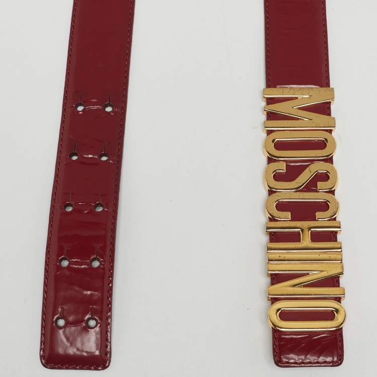 Pre Owned Moschino Burgundy Glossy Leather Classic Logo Waist Belt