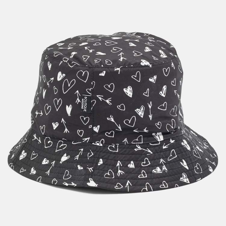 Pre Owned Moschino Boutique Black Heart Print Synthetic Bucket Hat 