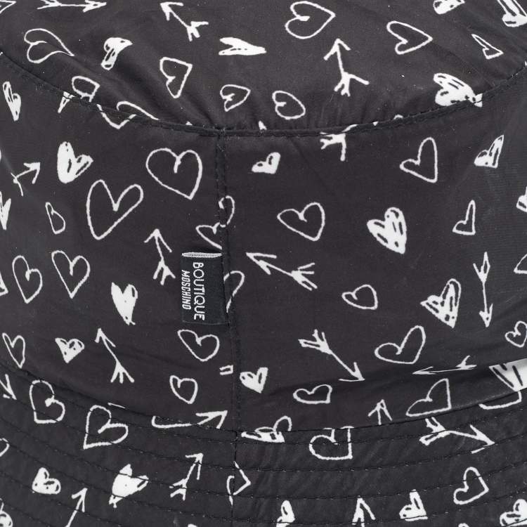 Pre Owned Moschino Boutique Black Heart Print Synthetic Bucket Hat 