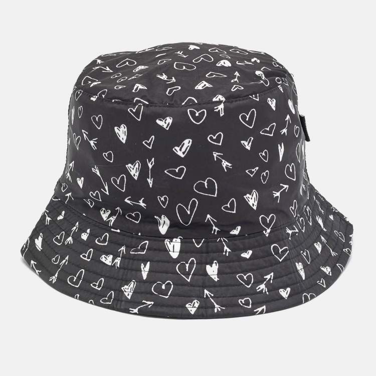 Pre Owned Moschino Boutique Black Heart Print Synthetic Bucket Hat 