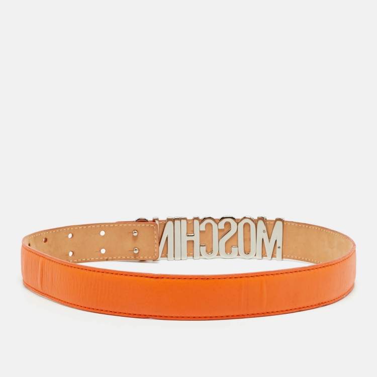 Pre Owned Moschino Classic Logo 85 CM Waist Belt Orange Leather