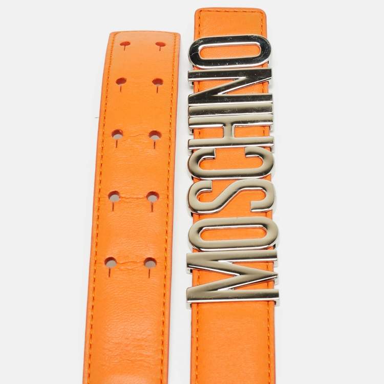 Pre Owned Moschino Classic Logo 85 CM Waist Belt Orange Leather