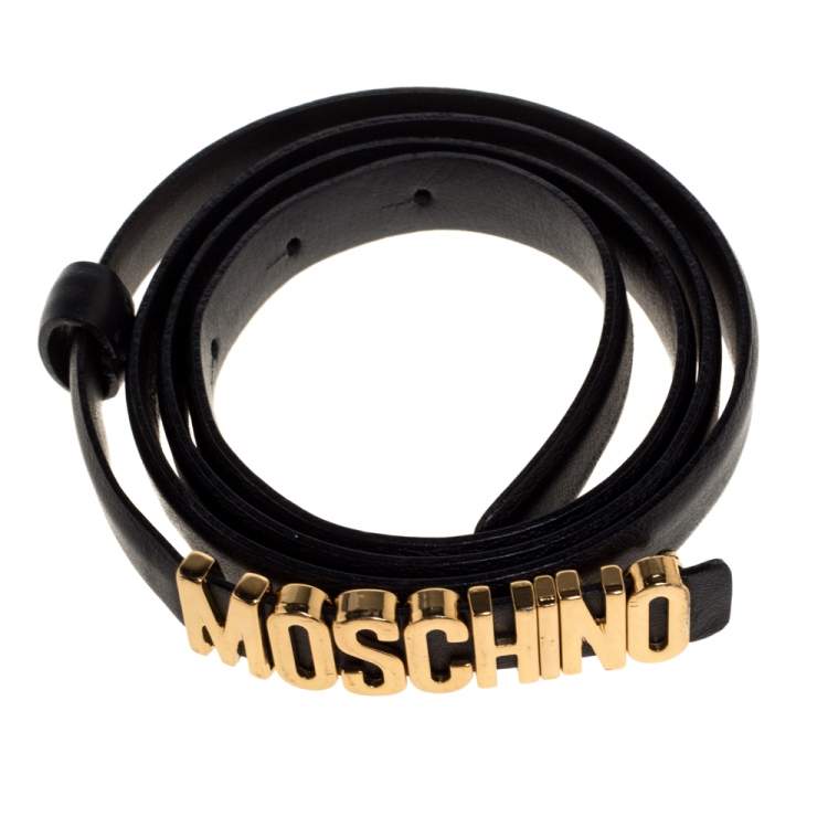 Pre Owned Moschino Black Leather Logo Slim Belt 110CM